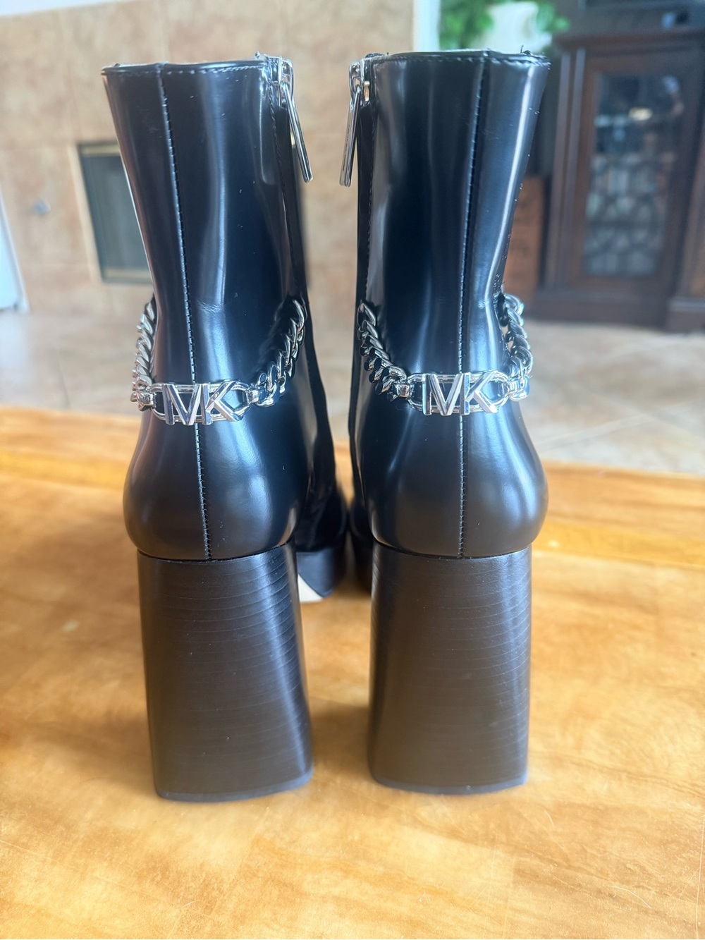 Michael Kors Black Patent Block Heel Ankle Boots with Silver MK Chain